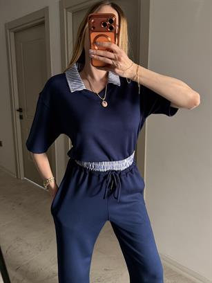 Polo Yaka Çizgi Detaylı Royal Stripe Takım