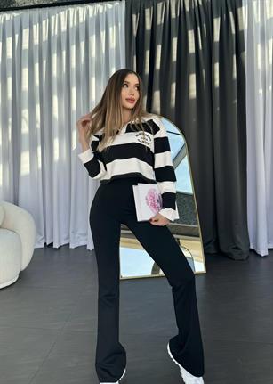 Polo Yaka İşlemeli Çizgili Yarım Sweatshirt