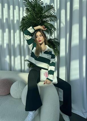 Polo Yaka İşlemeli Çizgili Yarım Sweatshirt