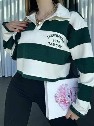 Polo Yaka İşlemeli Çizgili Yarım Sweatshirt