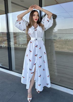 Poplin Kumaş Bebe Yaka İçi Astarlı İşlemeli Kemerli Amanda Elbise