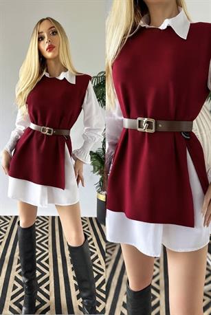 Poplin Kumaş Gömlek Triko Süveter ve Kemerden Oluşan 3Lü Takım