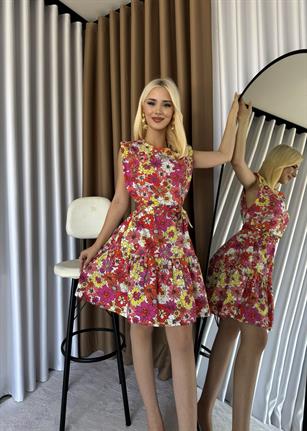 Poplin Kumaş Vatkalı Bağlama Detaylı Flower Elbise