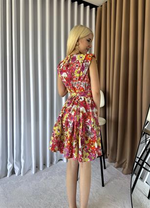 Poplin Kumaş Vatkalı Bağlama Detaylı Flower Elbise