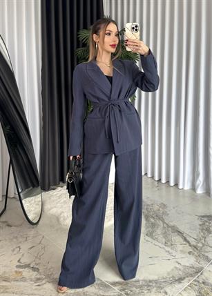 Premium Kalite %100 Keten Kumaş İçi Astarlı Yüksek Bel Vatkalı Blazer Ceket-Pantolon Takım