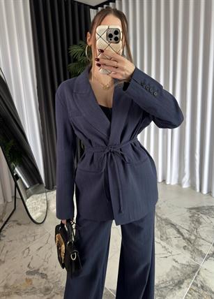 Premium Kalite %100 Keten Kumaş İçi Astarlı Yüksek Bel Vatkalı Blazer Ceket-Pantolon Takım