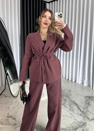 Premium Kalite %100 Keten Kumaş İçi Astarlı Yüksek Bel Vatkalı Blazer Ceket-Pantolon Takım