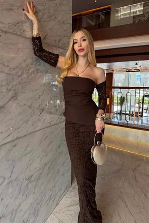 Premium Veloura Royale Dantel Elbise Takım Kahve