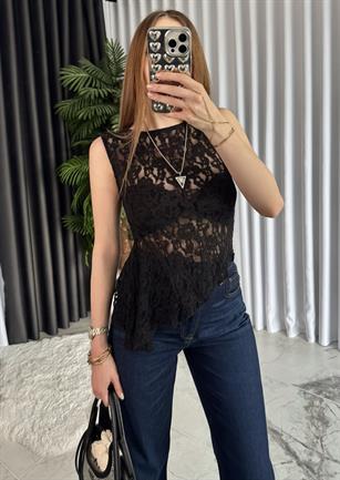 Siena Asimetrik Transparan Dantel Bluz