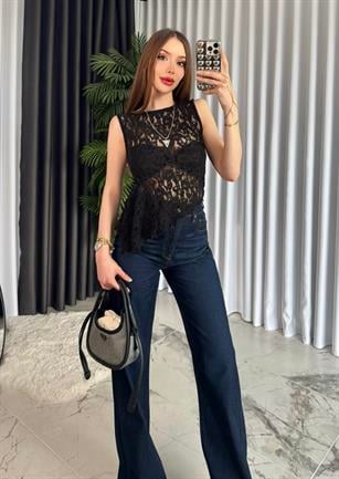 Siena Asimetrik Transparan Dantel Bluz