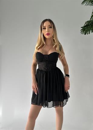 Şifon Kumaş Dantelli Kendinden Göğüs Pedli Sırt Detaylı Agate Elbise