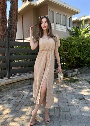 Sırt Bağlama Detaylı Önü Yırtmaçlı Gofre Kumaş Elbise
