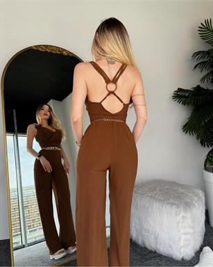 Sırt Detaylı Kruvaze Yaka Askılı Mia Tulum