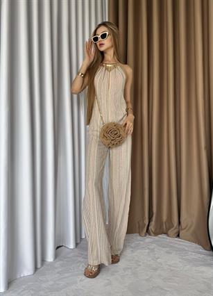 Solea Çizgili Halter Yaka Yazlık Keten Tulum
