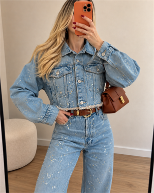 Star Dust Taş İşlemeli Premium Denim Ceket Pantolon Takım