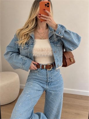 Star Dust Taş İşlemeli Premium Denim Ceket Pantolon Takım