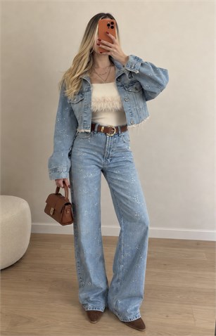 Star Dust Taş İşlemeli Premium Denim Ceket Pantolon Takım