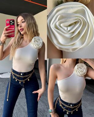 Tensel Kumaş Tek omuz Göğüs Bölgesi Çift Katlı Gül Aksesuarlı Bluz