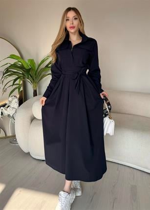 Uzun Kollu Kuşaklı Gömlek Yaka Dökümlü Midi Boy Noir Belle Elbise