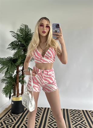 V Yaka Zebra Desenli Crop