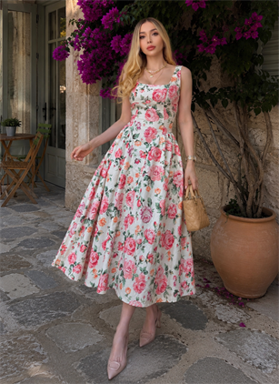 Vintage Rose Bağlama Detaylı Midi Denim Elbise