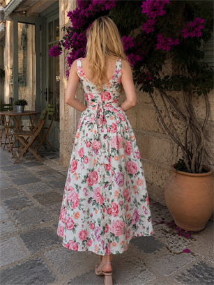 Vintage Rose Bağlama Detaylı Midi Denim Elbise