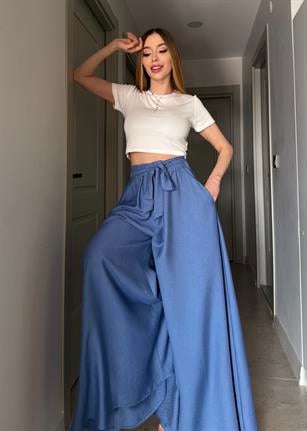 Yanları Cepli, Bağlama Detaylı SilkTouch Wide Elegance Pantolon
