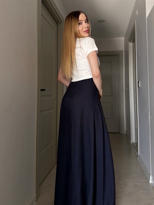 Yanları Cepli, Bağlama Detaylı SilkTouch Wide Elegance Pantolon Lacivert