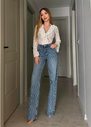 Yüksek Bel Blue Diamond Shine Jean Pantolon