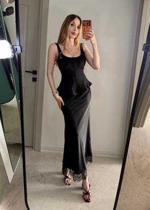 Yüksek Bel Dantel Detaylı Lace Satin Etek