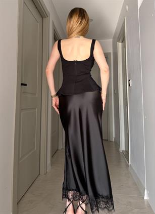 Yüksek Bel Dantel Detaylı Lace Satin Etek