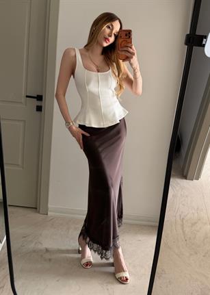 Yüksek Bel Dantel Detaylı Lace Satin Etek