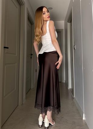 Yüksek Bel Dantel Detaylı Lace Satin Etek