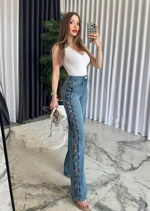 Yüksek Bel Yanları Çapraz Şerit Detaylı Charm Jean