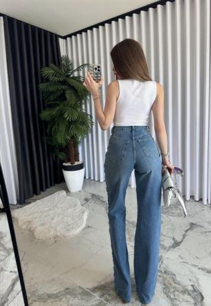 Yüksek Bel Yanları Çapraz Şerit Detaylı Charm Jean