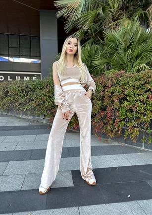Yumuşacık Dokuda Kadife Kumaş Lastikli Düğmeli Kapüşonlu 3Lü Babe Takım