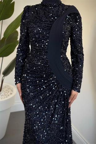  Felina Önden Drape Balık Abiye Lacivert