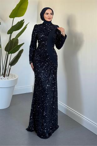  Felina Önden Drape Balık Abiye Lacivert