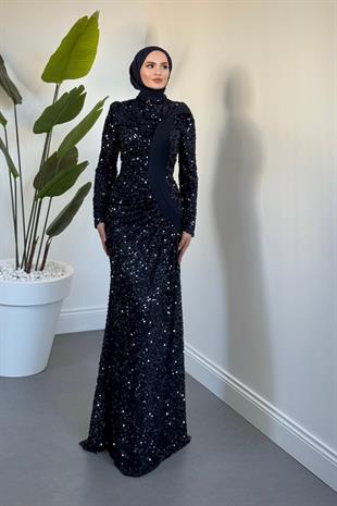  Felina Önden Drape Balık Abiye Lacivert