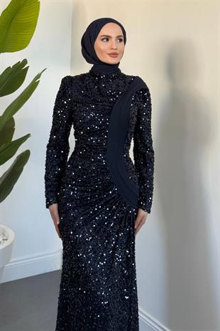  Felina Önden Drape Balık Abiye Lacivert