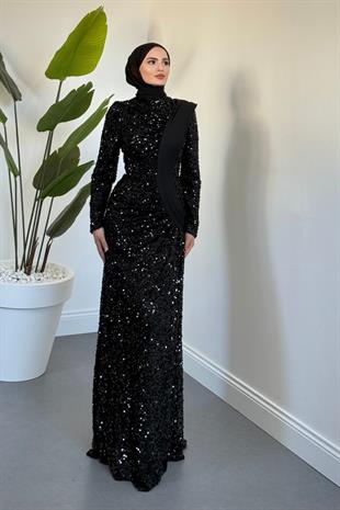  Felina Önden Drape Balık Abiye Siyah
