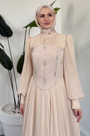  Saphielle Seyyar Taşlı Korseli Abiye Krem