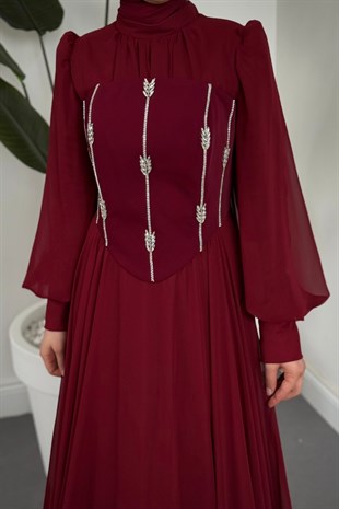  Saphielle Seyyar Taşlı Korseli Abiye Bordo