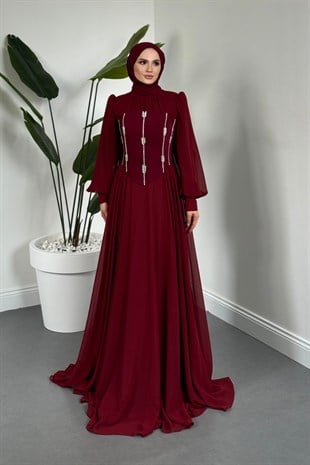  Saphielle Seyyar Taşlı Korseli Abiye Bordo
