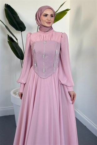  Saphielle Seyyar Taşlı Korseli Abiye Pudra