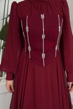  Saphielle Seyyar Taşlı Korseli Abiye Bordo