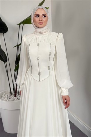  Saphielle Seyyar Taşlı Korseli Abiye Beyaz