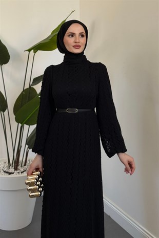  Wanda Fileli Astarlı Kemerli Elbise Siyah