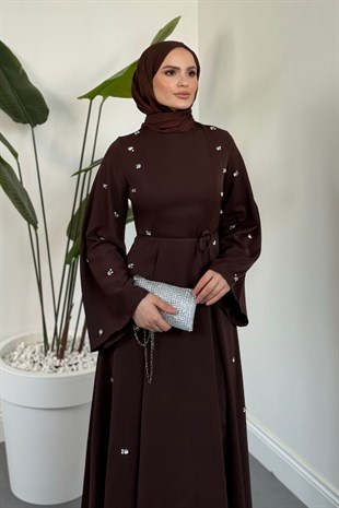 Adeline Yanları Taşlı İspanyol Kol Abiye Kahverengi