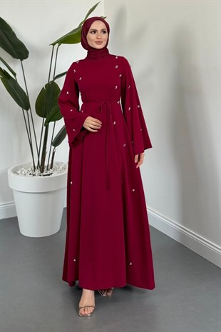 Adeline Yanları Taşlı İspanyol Kol Abiye Fuşya